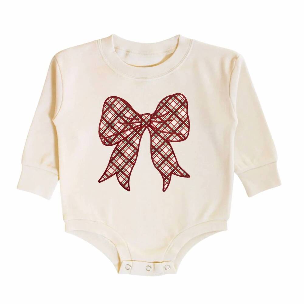NEW SWEET WINK kids' christmas plaid bow patch romper in natural